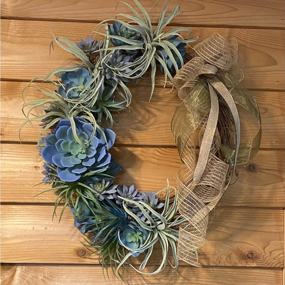 Blue and Green Succulent Wreath with Ribbon succulent